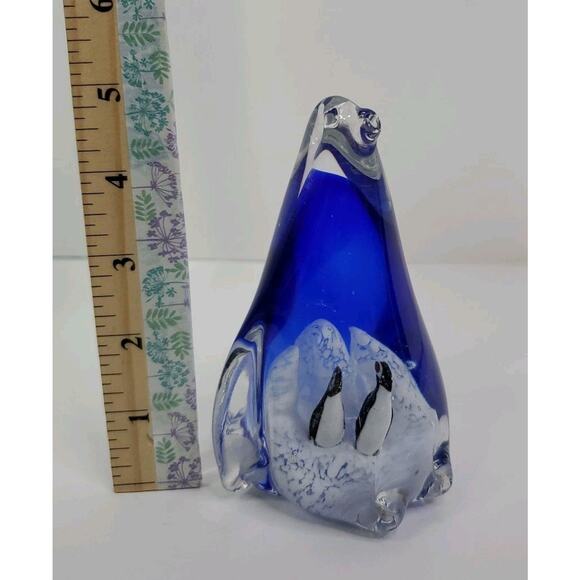 Art Glass Penguin with Two Penguins inside Cobalt Blue Tall Arctic Paperweight - Picture 6 of 7